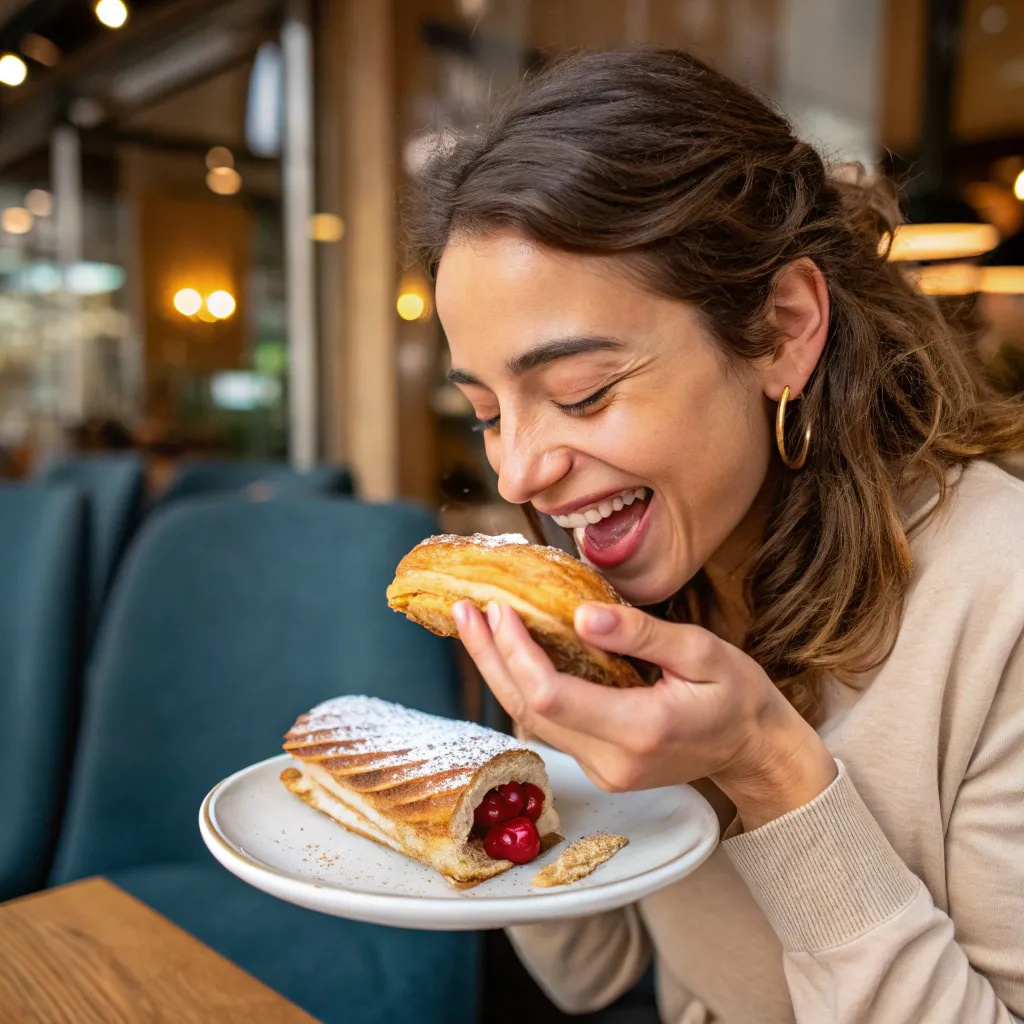 Happy customer enjoying a pastry