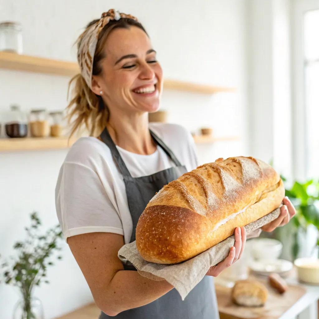 Satisfied customer holding a loaf of bread
