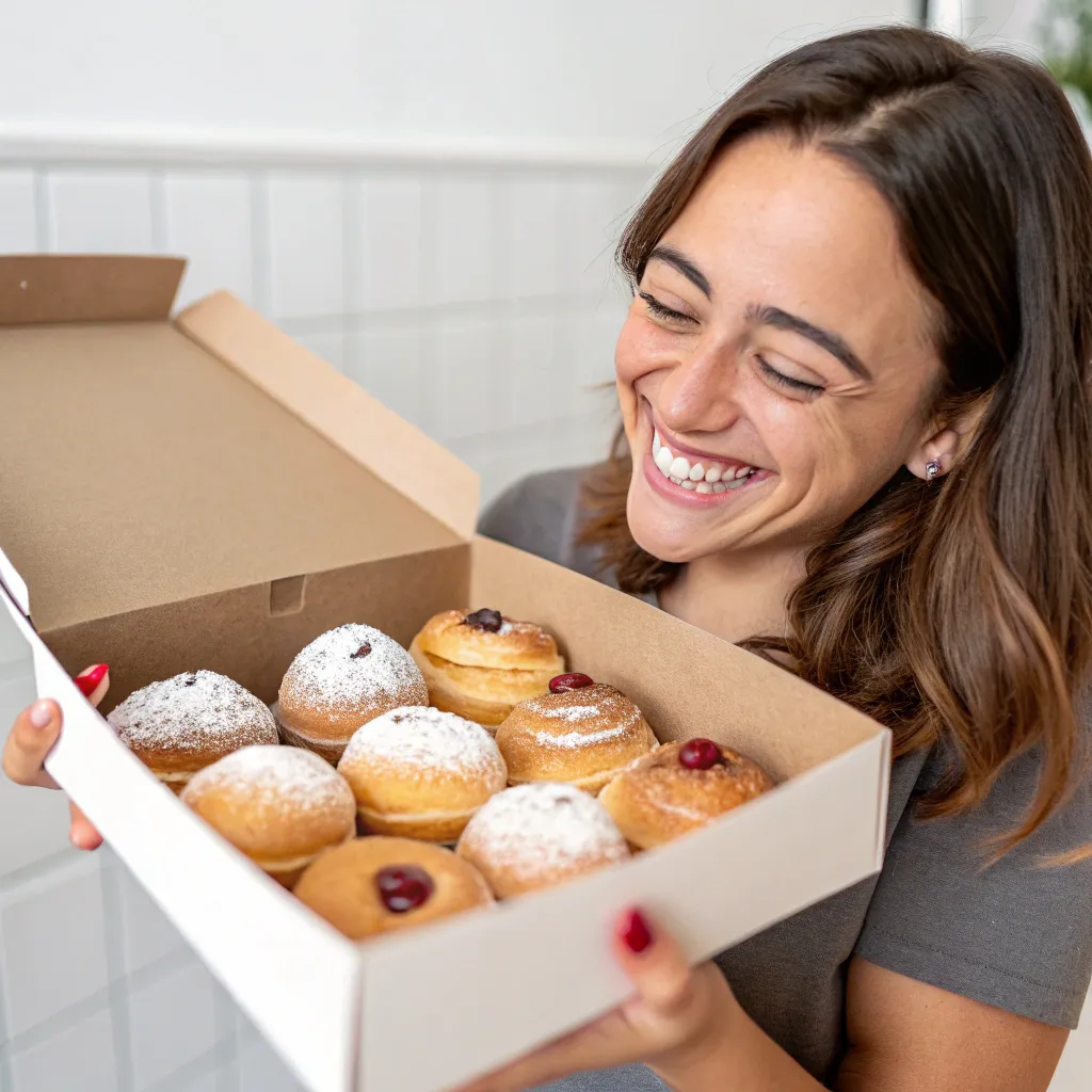 Smiling customer with a box of pastries
